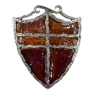 Vintage Shield Stained Glass Brooch Pin Brown Orange 2.5" Large Renaissance Fair